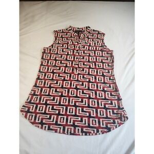 G Collection Womens Red Navy Geometric Greek Key Sleeveless Button Blouse Large